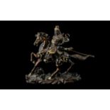 Japanese Bronze Figure / Sculpture Samurai Warrior on Horseback and Weapons In Hand,