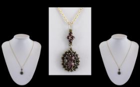 Antique Period Attractive 9ct Gold - Fire Garnet Set Pendant Drop with Attached 9ct Gold Chain,