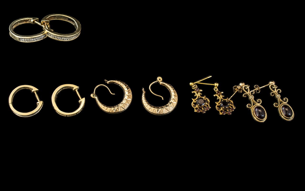 Collection Of Four 9ct Gold Earrings, 2 Hoop Earrings And 2 Set With Garnets, All Hallmarked.