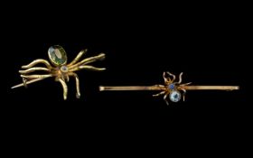 Two Antique 9ct Gold Bug Brooches in The Form Of Spiders, With Coloured Gem Set Bodies,
