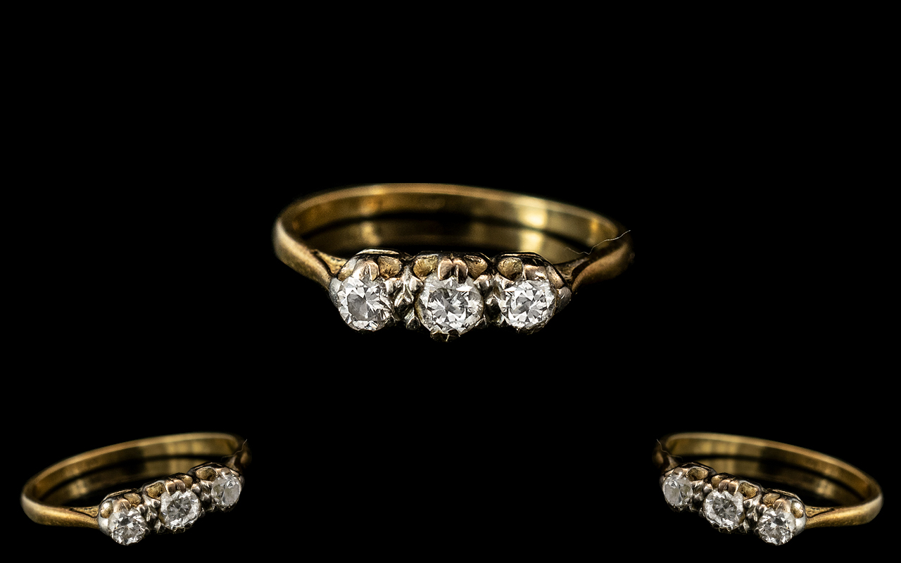 Antique 18ct Gold & Platinum Three Stone Diamond Ring, Set With Round Cut Diamonds,