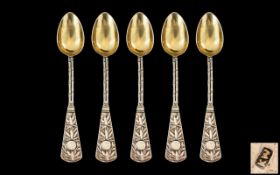 Chinese Antique Silver Export Spoons, probably Canton; a set of five, the handles cast as bamboo