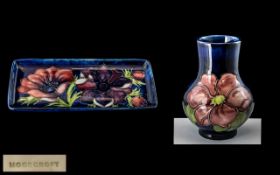 Moorcroft - Hand Painted Rectangular Shaped Pin Dish ' Anemone ' Design on Blue Ground.