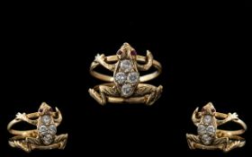 Victorian Style 9ct Gold Diamond and Ruby Set Novelty Frog Ring, Full Hallmark for 9.