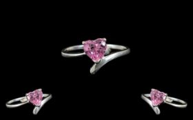 Ladies Silver Ring with Heart Shaped Pink Stone.