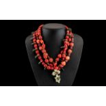 Antique Period Superb Triple Strand Red Coral Ceremonial Necklace Set, With Coin Spacers. 265.