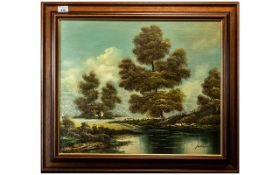 J Williams 20th Century Oil on Canvas, a river landscape with a cottage in the distance,