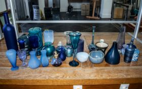 Quantity of Blue Glass & Pottery Items, including two cylindrical vases 5" and 7.