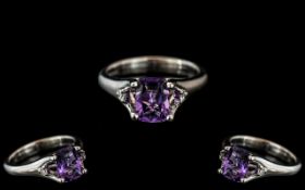 Ladies - Superb Contemporary 18ct White Gold Diamond and Amethyst Set Dress Ring,