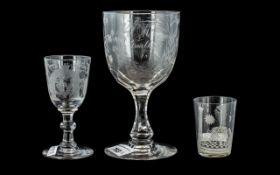 Masonic Interest - to include: Set of Three Etched Glasses, to include a large wine glass dated