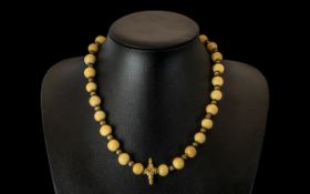 Antique Period - Attractive Ivory / Bone Beaded Necklace with Brass Spacers, Silver Clasp.