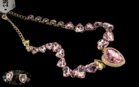 Pink Crystal Multi Heart Statement Necklace and Matching Stud Earrings, sparkling, graduated,