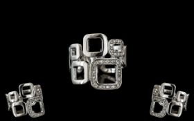 18ct White Gold - Modernistic Designer Diamond Set Dress Ring - Unusual Design.