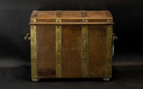 Old Brass Bound Chest of small proportions. Brass bound oak chest with unusual twist handles.