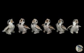 Six Bing & Grondahl Chicks, Figurine Hungry Sparrow No. 1852, six hungry little chicks with open