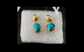 Turquoise Drop Earrings, two oval cut cabochon turquoise typical of the matrix free colour and
