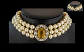 Antique Period - Superb Quality Ladies 18ct White Gold Diamond and Citrine Set Triple Strand