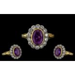 Ladies 18ct Gold - Excellent Quality Diamond and Amethyst Set Dress Ring - Flower head Design.