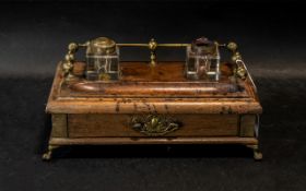 Early 20th Century Oak Inkwell/Desk Tidy, with brass gallery, two glass inkwells,