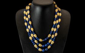 Antique Period - Superb 3 Strand Lapis - Lazuli and Bone Beaded Necklace with Silver Clasp of Long