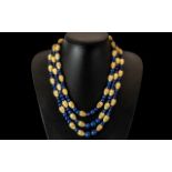 Antique Period - Superb 3 Strand Lapis - Lazuli and Bone Beaded Necklace with Silver Clasp of Long