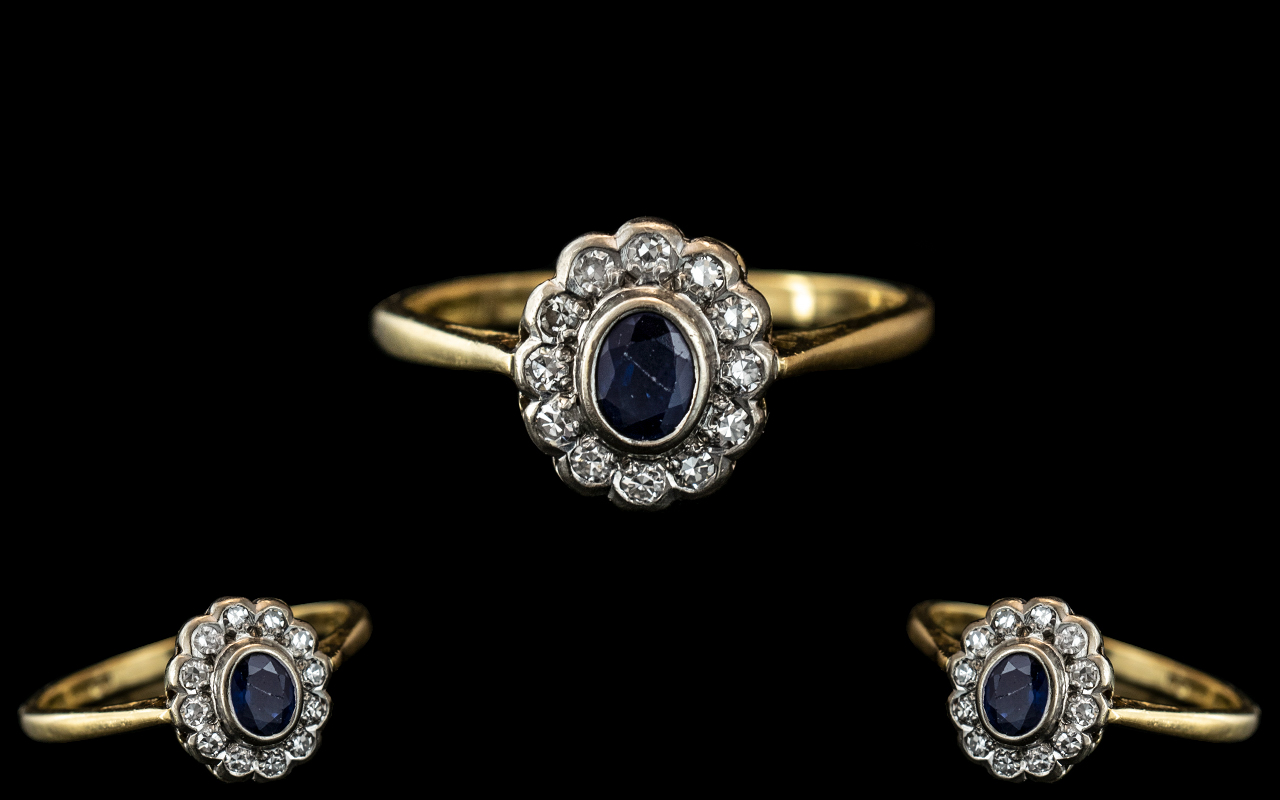 18ct Gold - Ladies Attractive Diamond and Sapphire Set Dress Ring - Flower head Design.