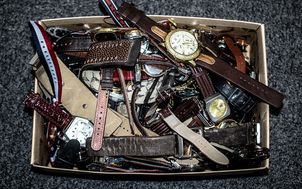 A Shoebox Full of Modern Gents Wristwatches to include, Seiko 5 Automatics, Ricoh,