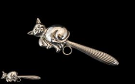 Novelty Silver Baby's Rattle In The Form of a Cat.
