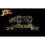 Rare Antique 14ct Gold Assam Regiment Military Brooch Enamelled Black Rhino Above Assam Regt,