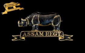 Rare Antique 14ct Gold Assam Regiment Military Brooch Enamelled Black Rhino Above Assam Regt,