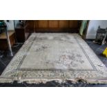 Large Room Size Kayan Rug in pastel colour with floral edge and fringing. Approx 12 feet x 8' 6".