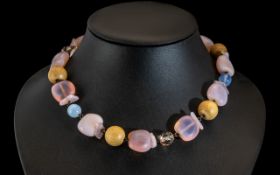 Early 1920's Multi Coloured Agate and Rose Quartz Necklace, Wonderful Natural Colours and Shapes.