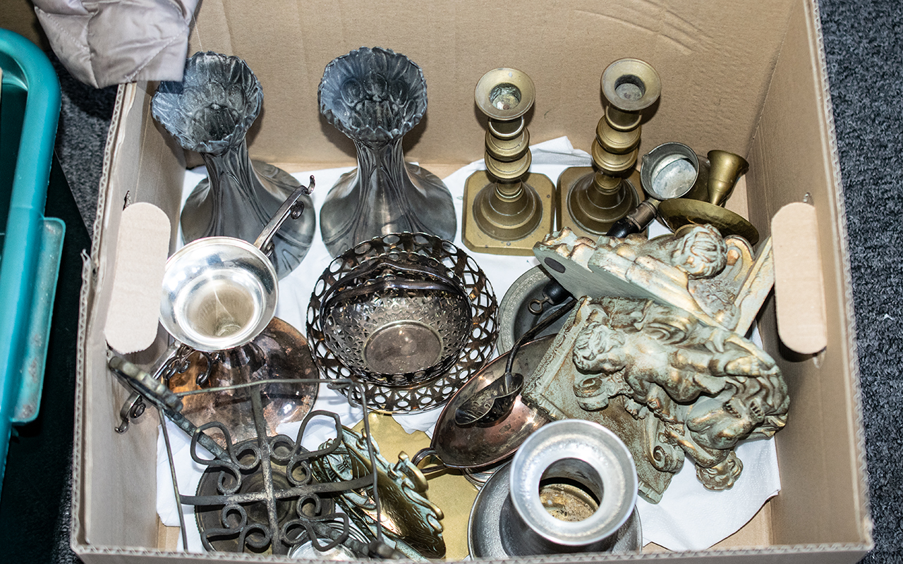 Quantity of Brass, Copper & Plated Ware Items, comprising a pair of plated ware vases, maker L & W,