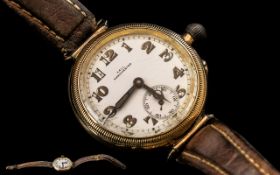 Gents 9ct Gold Longines Military Trench Watch white enamelled dial with Arabic numerals.