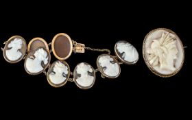 Antique Shell Cameo Bracelet, Nine Cameo Plaques All showing Maidens, Housed In 9ct Gold Mounts.