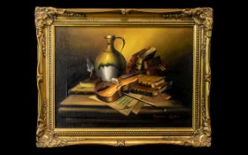 Frank Lean Still Life Oil on Canvas, depicting books, inkwell etc on desk top.