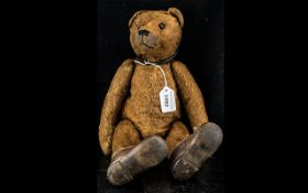 Early 20th Century Jointed Teddy Bear, With Brown Leather Shoes and Brown Collar,