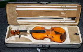 A Factory Made Violin with Bow, in fitted case, in very good condition.