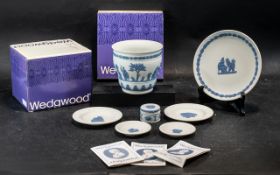 Wedgwood Pale Blue on White Jasper seven assorted pieces comprising: Arcadian flower pot,