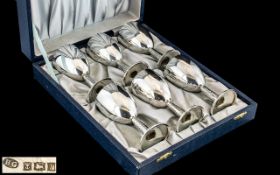 Elizabeth II Fine Boxed Set of ( 6 ) Sterling Silver Goblets, With Gilt Interiors, Ornate Stems.