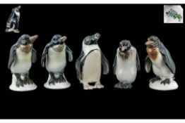 Rosenthal Superb Set of ( 4 ) Four Hand Painted Porcelain Penguin Figures, In Standing Position.