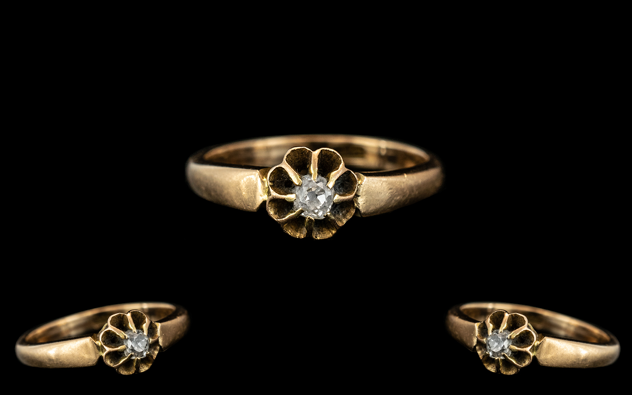 15ct Gold Ladies Dress Ring, Flower Head With Central Round Brilliant Cut Diamond, Stamped 15ct,