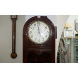 1920s Mahogany Long Case Clock, silvered dial with Arabic numerals, triple weighs, raised front,