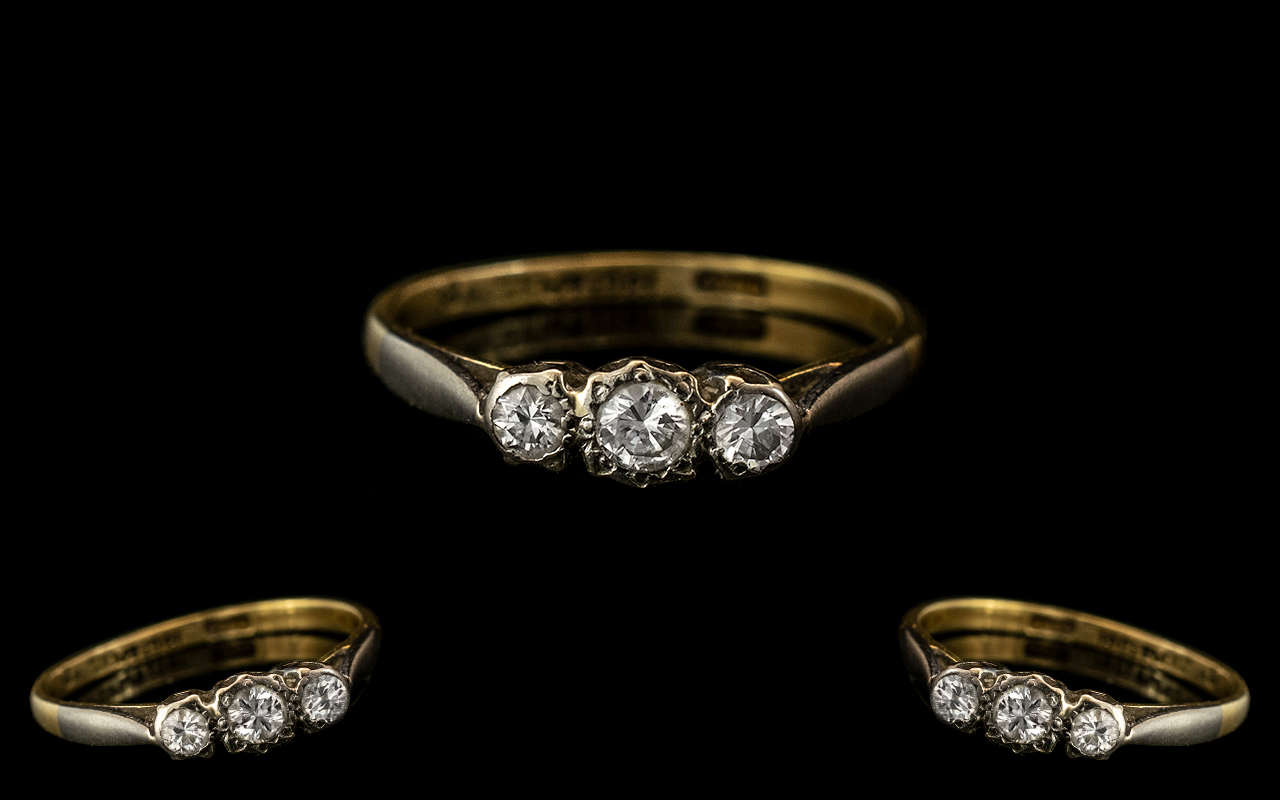 Antique 18ct Gold & Platinum Three Stone Diamond Ring, Set With Round Cut Diamonds, Ring Size K.