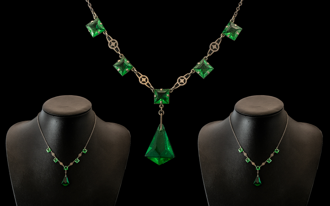 Art Deco Necklace. Elegant Art Deco Necklace In White Metal, Set with Green Stones.