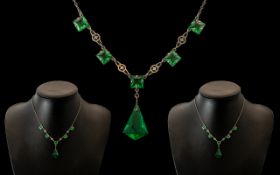 Art Deco Necklace. Elegant Art Deco Necklace In White Metal, Set with Green Stones.