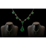 Art Deco Necklace. Elegant Art Deco Necklace In White Metal, Set with Green Stones.