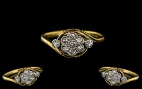 Antique Period - Attractive and Petite 18ct Gold and Platinum Diamond Set Cluster Ring - Pleasing