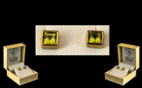 Ladies 9ct Gold - Pair of Attractive Peridot Set Earrings of Square Form. Marked 9.375.
