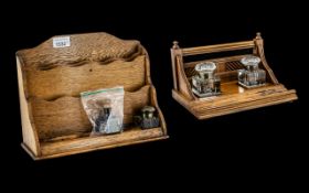 An Early 20th Century Golden Oak Stationery Stand, with three compartments, the front with inkwell